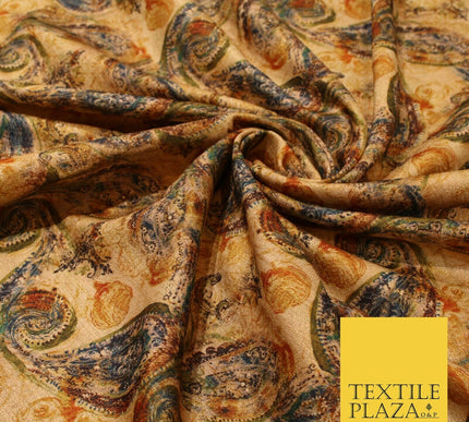 Gold Khaki Paisley Indian Digital Print Faux Raw Silk Vintage Dress Fabric 3021