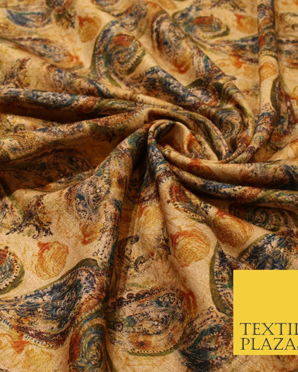 Gold Khaki Paisley Indian Digital Print Faux Raw Silk Vintage Dress Fabric 3021