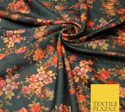 Dark Teal Floating Floral Allover Digital Print Faux Raw Silk Dress Fabric 3011
