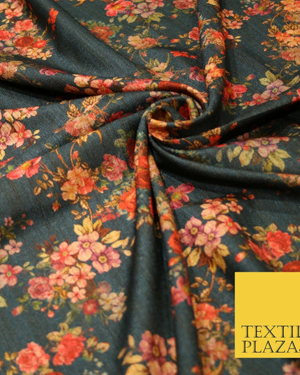 Dark Teal Floating Floral Allover Digital Print Faux Raw Silk Dress Fabric 3011