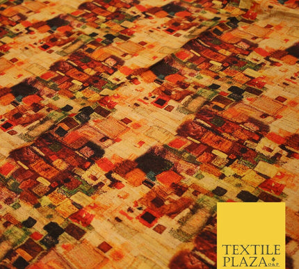 Gold Retro Block Check Abstract Digital Print Faux Raw Silk Dress Fabric 3006