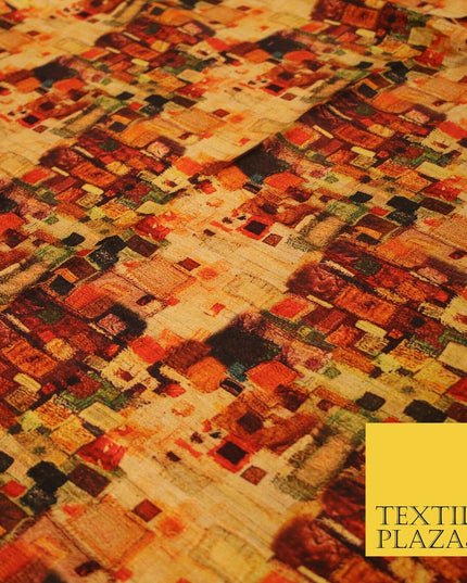 Gold Retro Block Check Abstract Digital Print Faux Raw Silk Dress Fabric 3006