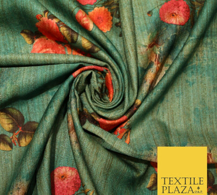 Jade Sea Green Blue Floral Bunch Cluster Digital Print Faux Raw Silk Fabric 3014