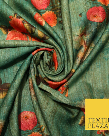 Jade Sea Green Blue Floral Bunch Cluster Digital Print Faux Raw Silk Fabric 3014