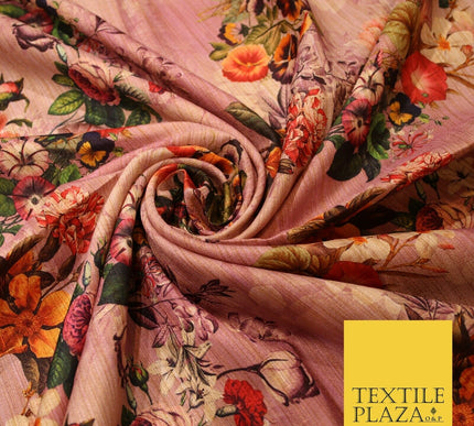 Lilac Pink Light Mauve Rose Floral Digital Print Faux Raw Silk Dress Fabric 3008