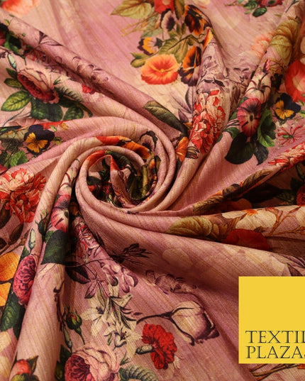 Lilac Pink Light Mauve Rose Floral Digital Print Faux Raw Silk Dress Fabric 3008