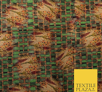 Unusual Bold Abstract Green Check Floral Digital Print Faux Raw Silk Fabric 3018