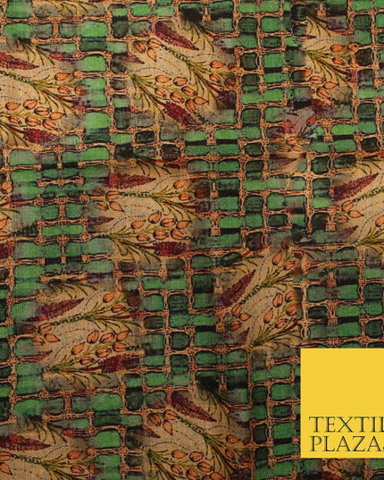 Unusual Bold Abstract Green Check Floral Digital Print Faux Raw Silk Fabric 3018