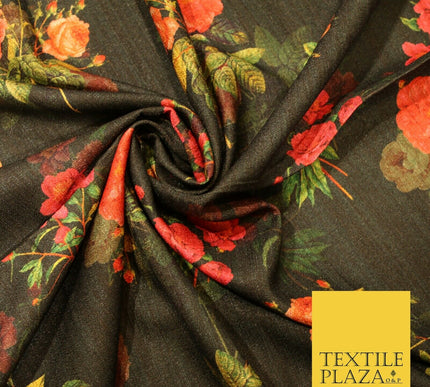 Dark Green Cerise Pink Rose Floral Digital Print Faux Raw Silk Dress Fabric 3007