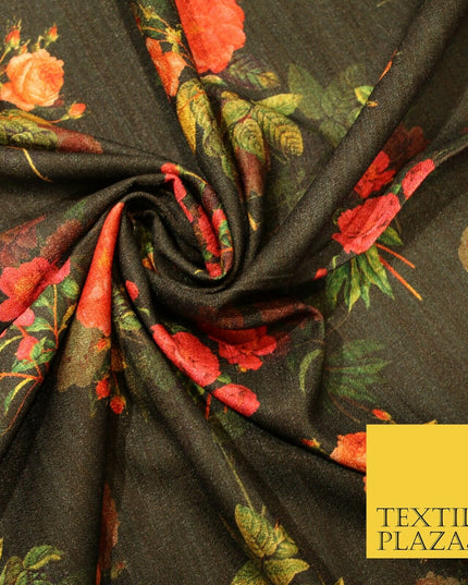 Dark Green Cerise Pink Rose Floral Digital Print Faux Raw Silk Dress Fabric 3007