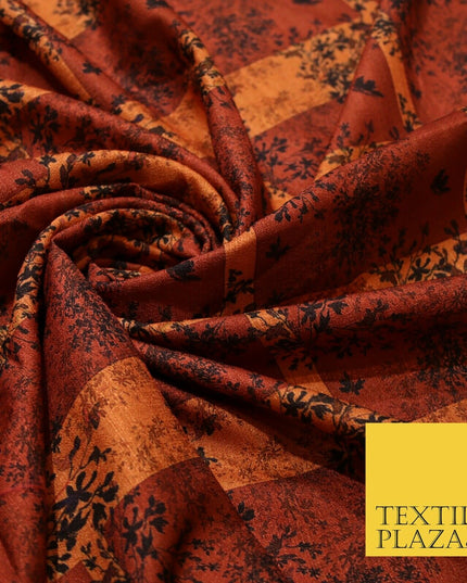 Brick Terracotta Maroon Check Arty Digital Print Faux Raw Silk Dress Fabric 3009
