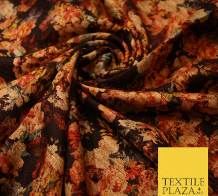 Chocolate Brown Small Floral Retro Digital Print Faux Raw Silk Dress Fabric 3005