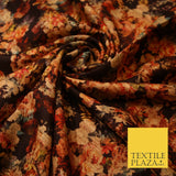Chocolate Brown Small Floral Retro Digital Print Faux Raw Silk Dress Fabric 3005