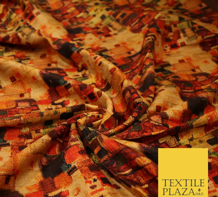 Gold Retro Block Check Abstract Digital Print Faux Raw Silk Dress Fabric 3006