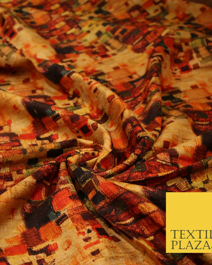 Gold Retro Block Check Abstract Digital Print Faux Raw Silk Dress Fabric 3006