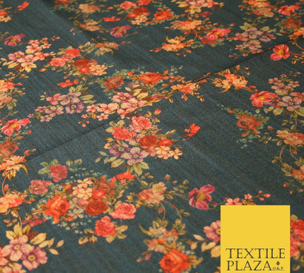 Dark Teal Floating Floral Allover Digital Print Faux Raw Silk Dress Fabric 3011