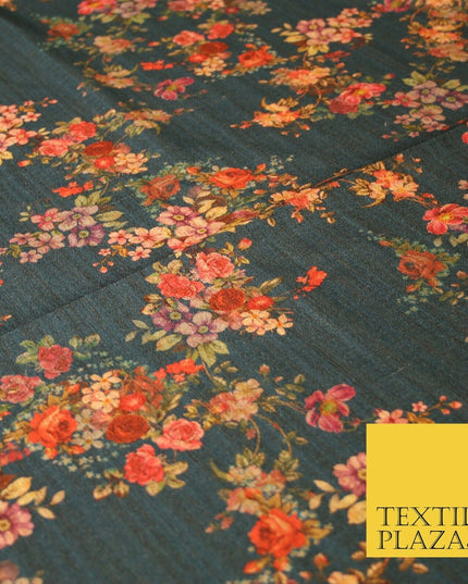 Dark Teal Floating Floral Allover Digital Print Faux Raw Silk Dress Fabric 3011