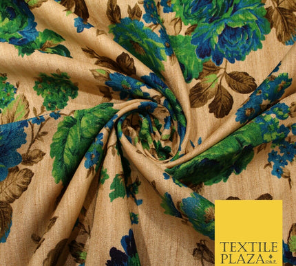 Gold Green Turquoise Blue Floral Digital Print Faux Raw Silk Dress Fabric 3019