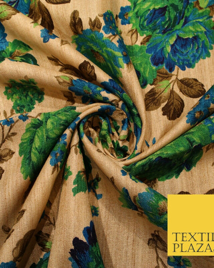 Gold Green Turquoise Blue Floral Digital Print Faux Raw Silk Dress Fabric 3019
