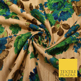 Gold Green Turquoise Blue Floral Digital Print Faux Raw Silk Dress Fabric 3019