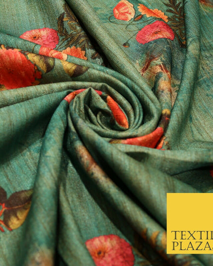 Jade Sea Green Blue Floral Bunch Cluster Digital Print Faux Raw Silk Fabric 3014