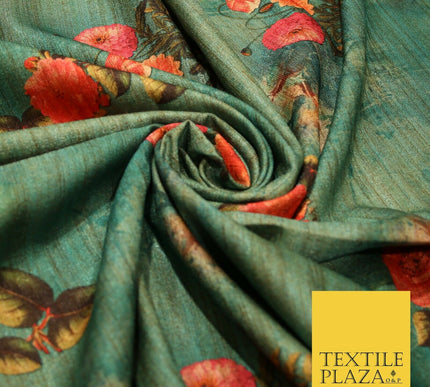 Jade Sea Green Blue Floral Bunch Cluster Digital Print Faux Raw Silk Fabric 3014