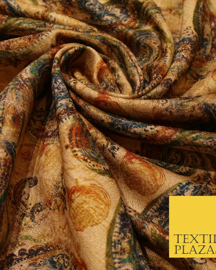 Gold Khaki Paisley Indian Digital Print Faux Raw Silk Vintage Dress Fabric 3021