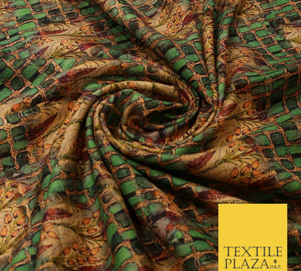 Unusual Bold Abstract Green Check Floral Digital Print Faux Raw Silk Fabric 3018