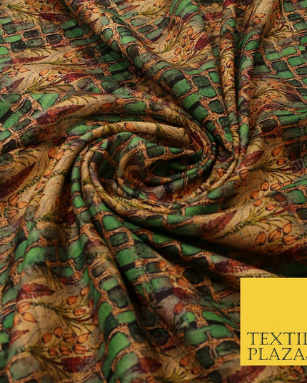 Unusual Bold Abstract Green Check Floral Digital Print Faux Raw Silk Fabric 3018