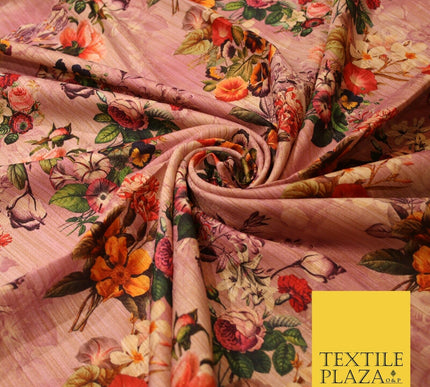Lilac Pink Light Mauve Rose Floral Digital Print Faux Raw Silk Dress Fabric 3008