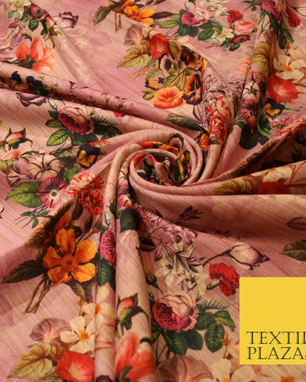 Lilac Pink Light Mauve Rose Floral Digital Print Faux Raw Silk Dress Fabric 3008
