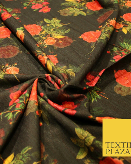 Dark Green Cerise Pink Rose Floral Digital Print Faux Raw Silk Dress Fabric 3007