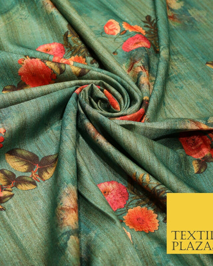 Jade Sea Green Blue Floral Bunch Cluster Digital Print Faux Raw Silk Fabric 3014