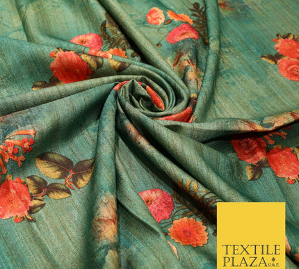 Jade Sea Green Blue Floral Bunch Cluster Digital Print Faux Raw Silk Fabric 3014