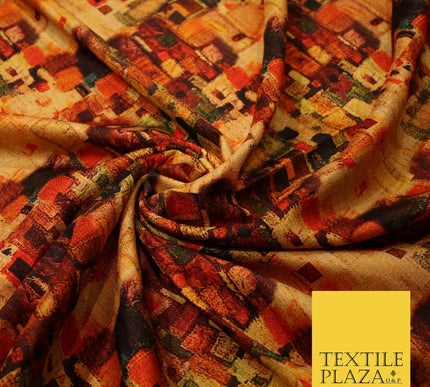 Gold Retro Block Check Abstract Digital Print Faux Raw Silk Dress Fabric 3006