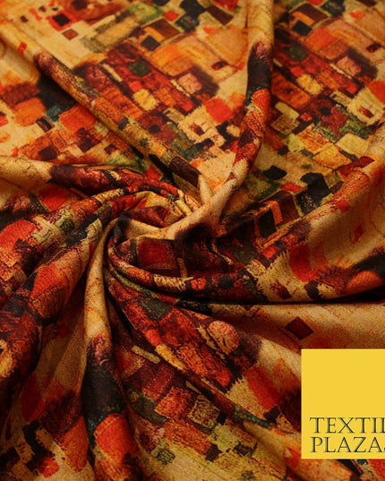 Gold Retro Block Check Abstract Digital Print Faux Raw Silk Dress Fabric 3006