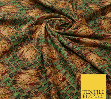 Unusual Bold Abstract Green Check Floral Digital Print Faux Raw Silk Fabric 3018