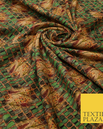 Unusual Bold Abstract Green Check Floral Digital Print Faux Raw Silk Fabric 3018