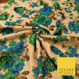 Gold Green Turquoise Blue Floral Digital Print Faux Raw Silk Dress Fabric 3019