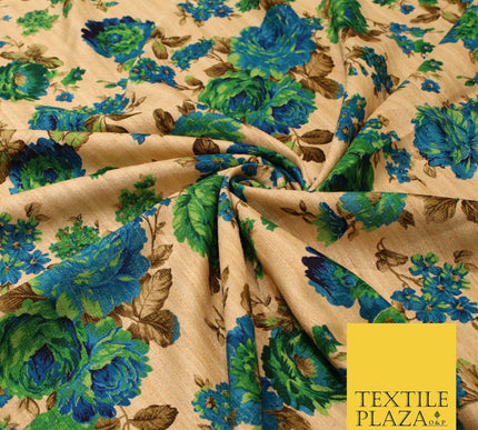 Gold Green Turquoise Blue Floral Digital Print Faux Raw Silk Dress Fabric 3019