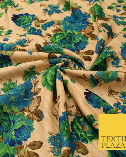 Gold Green Turquoise Blue Floral Digital Print Faux Raw Silk Dress Fabric 3019