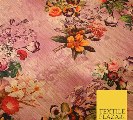 Lilac Pink Light Mauve Rose Floral Digital Print Faux Raw Silk Dress Fabric 3008