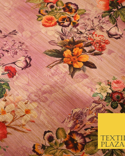Lilac Pink Light Mauve Rose Floral Digital Print Faux Raw Silk Dress Fabric 3008