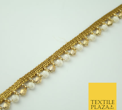Ivory Antique Gold Textured Pearl Cone Beaded Ribbon Trim Border Indian LaceX322