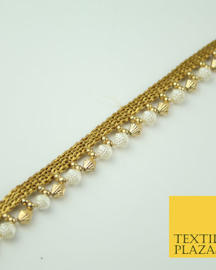 Ivory Antique Gold Textured Pearl Cone Beaded Ribbon Trim Border Indian LaceX322