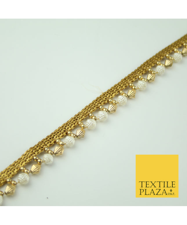 Ivory Antique Gold Textured Pearl Cone Beaded Ribbon Trim Border Indian LaceX322