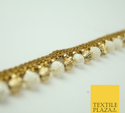 Ivory Antique Gold Textured Pearl Cone Beaded Ribbon Trim Border Indian LaceX322