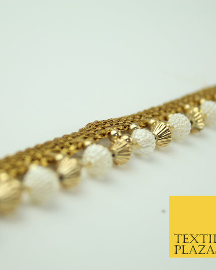 Ivory Antique Gold Textured Pearl Cone Beaded Ribbon Trim Border Indian LaceX322