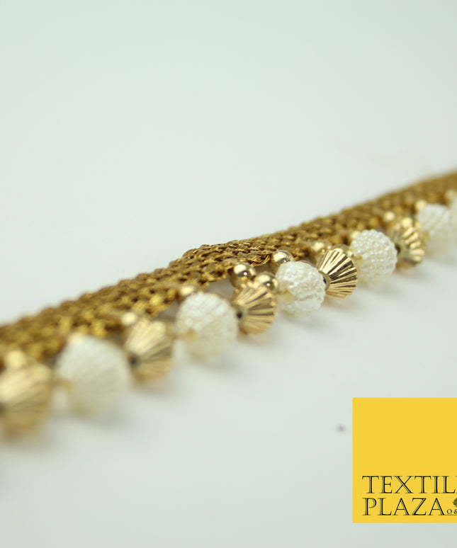 Ivory Antique Gold Textured Pearl Cone Beaded Ribbon Trim Border Indian LaceX322