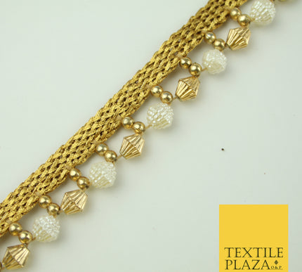 Ivory Antique Gold Textured Pearl Cone Beaded Ribbon Trim Border Indian LaceX322